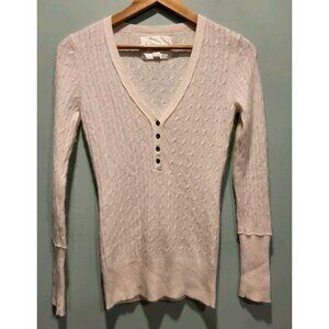 Kaisely Ivory Angora Lambswool Blend Lightweight Cableknit V Neck Sweater Sz M